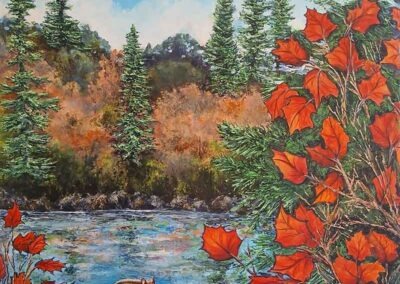 Image of Astrid Hood's painting - Chipmunk Picnic 34.5x34.5 unframed gallery canvas.