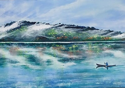 Image of Astrid Hood's painting - Misty Morning Lake of Two Rivers11X36 unframed gallery canvas.